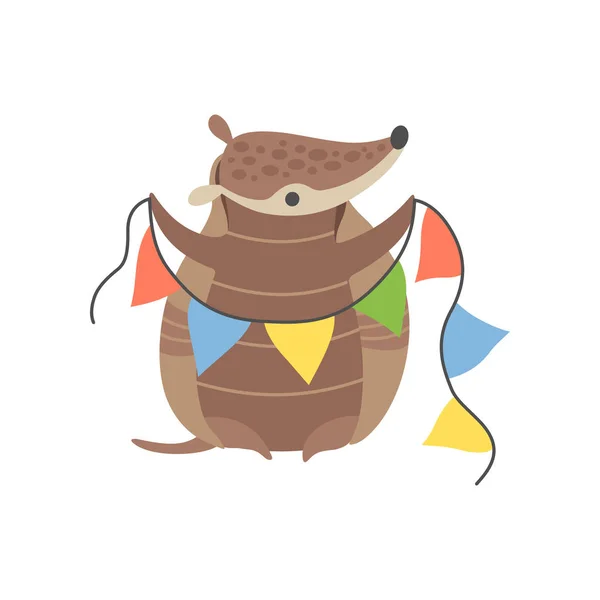 Lindo Armadillo sosteniendo banderas de fiesta, Adorable personaje de dibujos animados de animales del Pleistoceno en la ilustración del vector de fiesta — Vector de stock