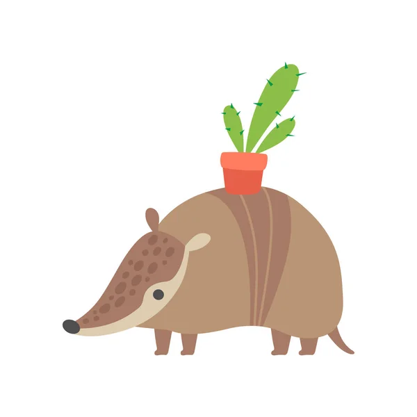 Lindo Armadillo llevando maceta de flores en su espalda, adorable personaje de dibujos animados del Pleistoceno Animal Vector Illustration — Archivo Imágenes Vectoriales