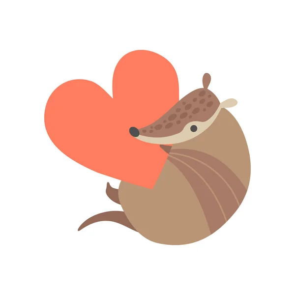 Lindo Armadillo sosteniendo gran corazón rojo, adorable personaje de dibujos animados del Pleistoceno Animal Vector Ilustración — Archivo Imágenes Vectoriales