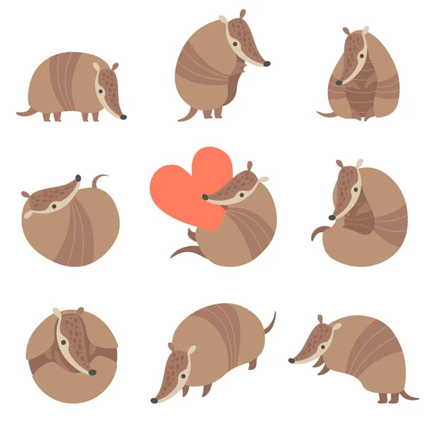 Colección de lindos adorables Armadillos Pleistoceno Animales en Varias Poses Vector Ilustración — Vector de stock