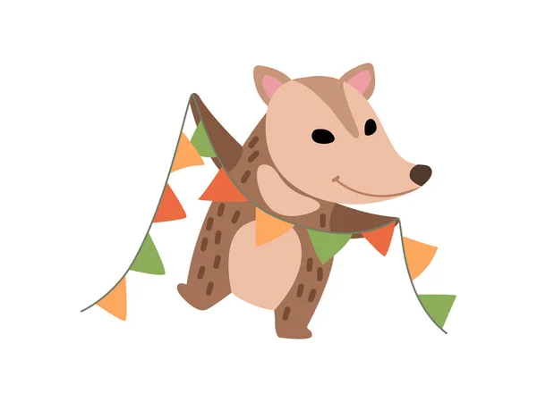 파티 깃발, 사랑스러운 야생 동물 만화 캐릭터와 귀여운 opossum 파티 벡터 설명 — 스톡 벡터