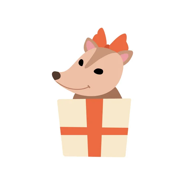 귀여운 opossum 와 빨간 활 에 그 머리 들고 선물 상자, 사랑스러운 야생 동물 만화 캐릭터 벡터 일러스트 — 스톡 벡터