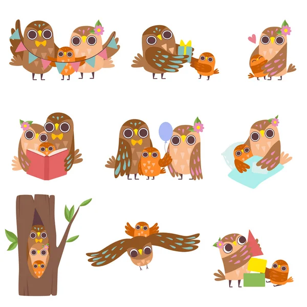 Happy Family of Owls Set, Pai, Mãe e Seu Bebê, Bonito Cartoon Birds Personagens Vetor Ilustração — Vetor de Stock