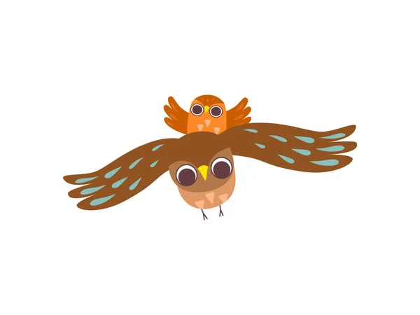 Vater Eule und seine Eule fliegen zusammen, glückliche Familie der Eulen, Vater, niedliche Zeichentrickvögel Charaktere Vektor Illustration — Stockvektor