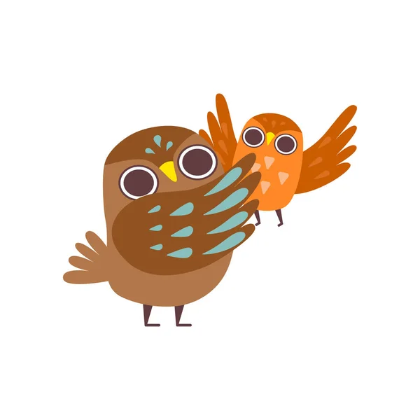 Otec sova a jeho děťátko, šťastná rodina Owls, roztomilý kreslený ptáci postavy Vector ilustrace — Stockový vektor
