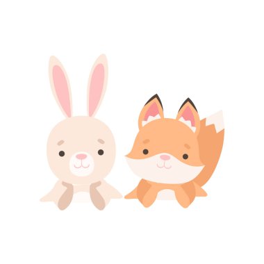Lovely Little Bunny ve Fox Cub Best Friends, Adorable Rabbit ve Pup Karikatür Karakterler Vektör İllüstrasyon