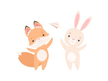 Lovely Beyaz Küçük Tavşan ve Fox Cub Kağıt Düzlem, Sevimli En İyi Arkadaşlar, Sevimli Tavşan ve Pup Karikatür Karakterler Vektör İllüstrasyon ile oynarken