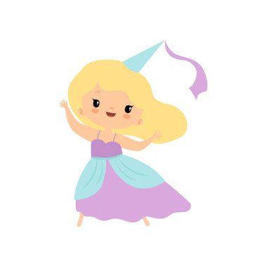 Sevimli Blonde Küçük Fairytale Prenses Kız Karikatür Vektör İllüstrasyon