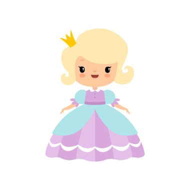 Sevimli Blonde Küçük Fairytale Prenses Güzel Elbise Karikatür Vektör İllüstrasyon