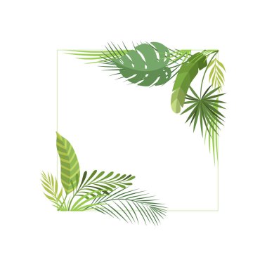 Metin, Afiş, Afiş, Düğün Davetiyesi, Yaz Tebrik Kartı Tasarım Elemanı Vektör İllüstrasyon için Boşluk ile Tropikal Yaprak Sınır