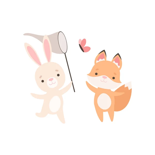 Lovely White Little Bunny i Fox cub łapanie motyli z siatką, cute najlepszych przyjaciół, adorable Rabbit i PUP Cartoon znaków wektor ilustracji — Wektor stockowy