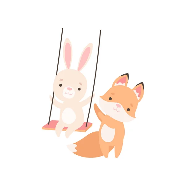Lovely White Little Bunny Swinging on Rope Swing, Adorável Coelho e Raposa Cub são melhores amigos Vector Ilustração — Vetor de Stock