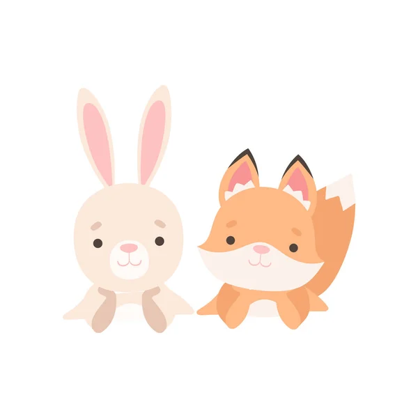 Lovely Little Bunny és a Fox cub legjobb barátai, imádnivaló nyúl és a kölykök rajzfilmfigurák Vector illusztráció — Stock Vector
