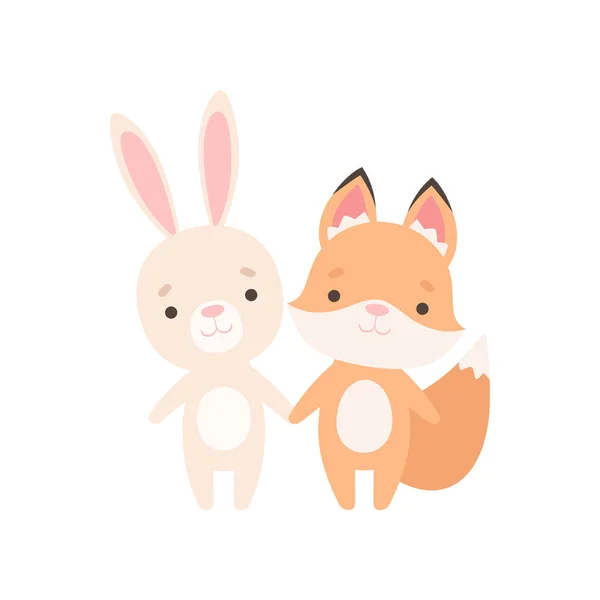 Lovely White Little Bunny and Fox Cub, Cute Best Friends, Adorable Rabbit and Pup Cartoon Characters Vector Illustration — Stock Vector