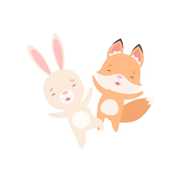 Lovely White Little Bunny and Fox Cub Happily Jumping, Cute Best Friends, Adorable Rabbit and Pup Cartoon Characters Vector Illustration — Stock Vector