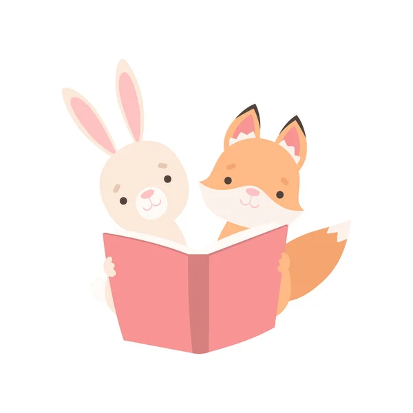 Lovely White Little Bunny and Fox Cub Reading Book, Cute Best Friends, Adorable Rabbit and Pup Cartoon Characters Vector Illustration — Stock Vector