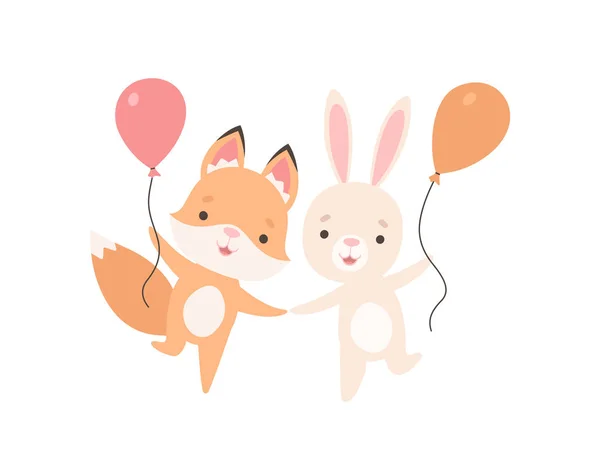 Lovely White Little Bunny i Fox cub z balonami, cute najlepszych przyjaciół, adorable Rabbit i PUP Cartoon znaków wektor ilustracji — Wektor stockowy