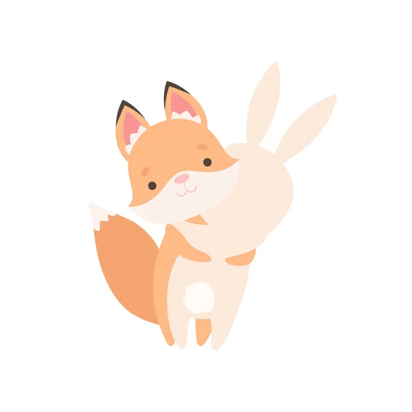 Adorável coelhinho branco e filhote de raposa abraçando, bonito melhores amigos, adorável coelho e filhote de cachorro personagens de desenhos animados ilustração vetorial — Vetor de Stock