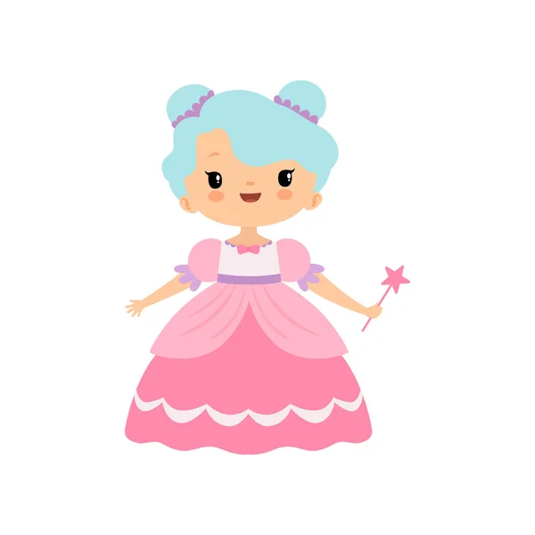 Linda niña princesa cuento de hadas en vestido rosa con varita mágica ilustración vectorial de dibujos animados — Vector de stock