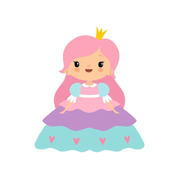 Cute Little Fairytale Princess Girl with Pink Hair and Golden Crown Cartoon Vector Illustration — Stock Vector