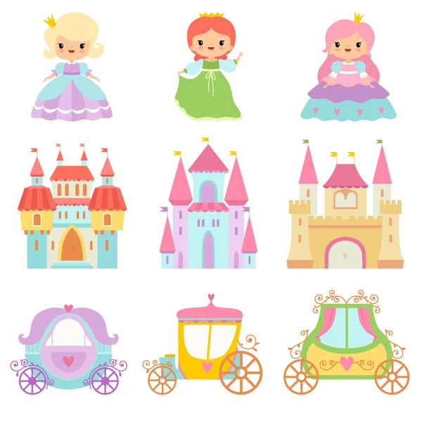 Coleção de princesas bonitinhas, castelos mágicos, contos de fadas Carriages Cartoon Vector Illustration —  Vetores de Stock