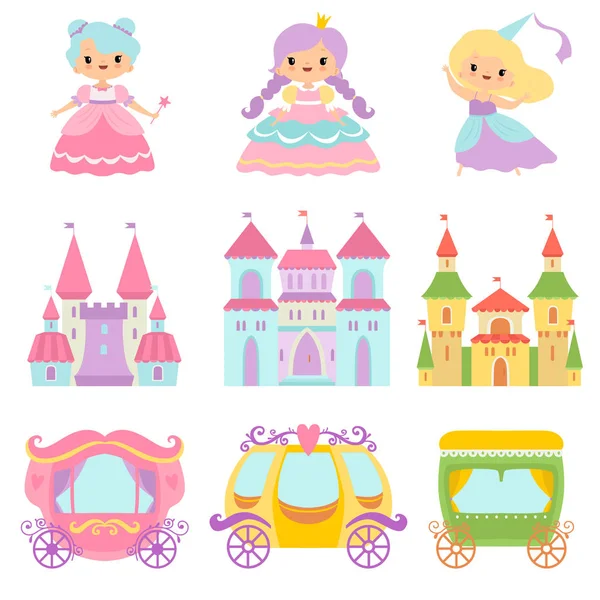 Kolekcja cute little księżniczek, magiczne zamki, bajki wózki, Fantasy Kingdoms kreskówka wektor ilustracji — Wektor stockowy