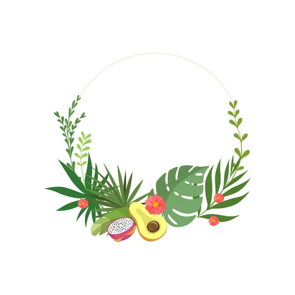 Folhas tropicais Moldura elegante com flores Lugar para o seu texto, Banner, Cartaz, Convite de casamento, Verão cartão Design Elemento Vector Ilustração — Vetor de Stock