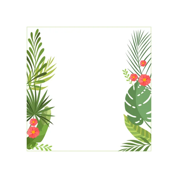 Tropiska blad och blommor elegant ram med utrymme för text, banner, affisch, bröllop inbjudan, sommar gratulationskort design element vektor illustration — Stock vektor