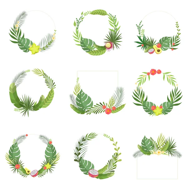 Folhas e flores tropicais Moldura elegante com lugar para o seu conjunto de texto, Rainforest Folhagem Fronteira, Banner, Cartaz, Convite de casamento, Verão saudação cartão Design Elemento Vector Ilustração —  Vetores de Stock