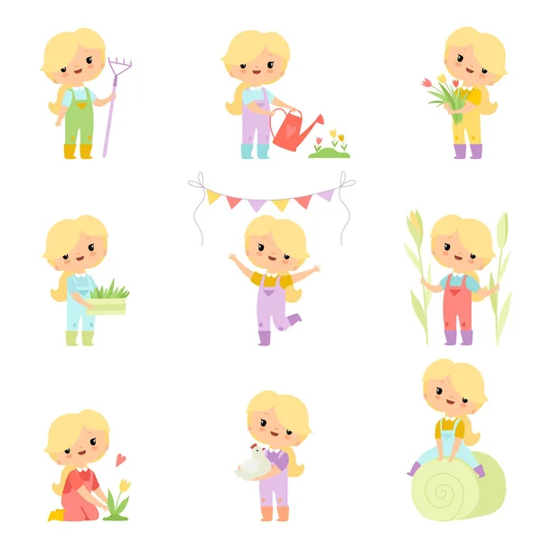 Cute Young Girl in Overalls and Rubber Boots Engaged in Agricultural Activities Set, Farmer Girl Cartoon Character Caring for Plants and Harvesting Vector Illustration — Stock Vector