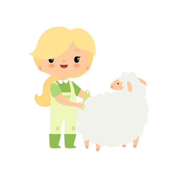 Söt ung flicka i overaller och gummistövlar ta hand om får, bonde flicka tecknad figur vektor illustration — Stock vektor