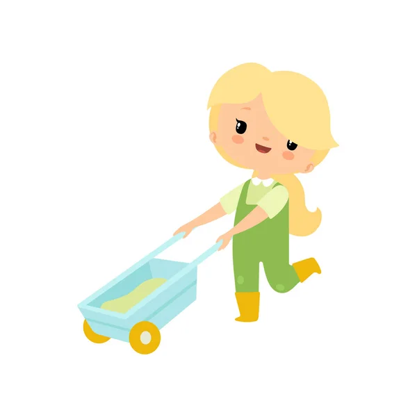 Schattig jong meisje in overalls en rubber laarzen duwen kruiwagen, boer meisje cartoon karakter vector illustratie — Stockvector