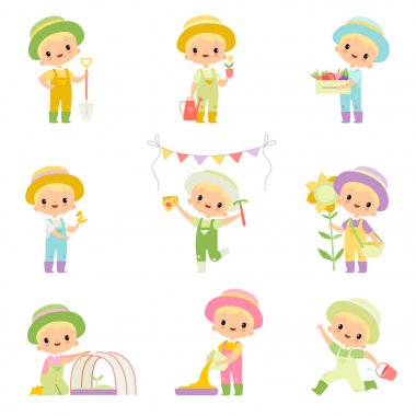 Tulum ve Kauçuk Botlar Sevimli Boy Tarımsal Faaliyetler Seti, Genç Çiftçi Karikatür Karakter Bitkiler ve Hasat Vektör İllüstrasyon bakımı yapan