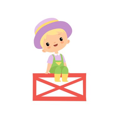 Tulum Sevimli Genç Çiftçi Boy, Kauçuk Boots ve Şapka Karikatür Vektör İllüstrasyon