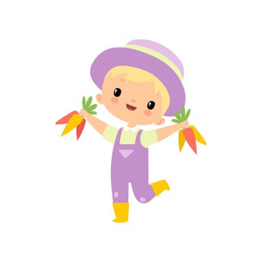 Tulum sevimli çocuk, Havuç ile Kauçuk Boots ve Şapka, Genç Çiftçi Karikatür Karakter Tarımsal Faaliyetler Vektör İllüstrasyon yapan