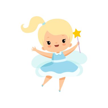 Sihirli Değnek ile Sevimli Küçük Diş Perisi, Kanatvektör İllüstrasyon ile Açık Mavi Elbise Lovely Blonde Fairy Girl Karikatür Karakteri