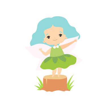 Kanatları ile Little Forest Fairy, Lovely Fairy Girl Karikatür Karakter Yeşil Elbise Vektör İllüstrasyon Giyen