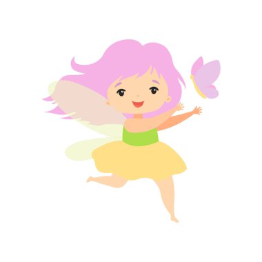 Kelebek ile Uçan Küçük Orman Peri, Lovely Fairy Girl Karikatür Karakter Vektör İllüstrasyon