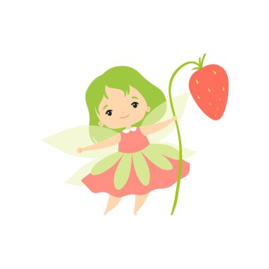 Vahşi Çilek ile Little Forest Fairy, Yeşil Saç ve Kanatlar Vektör İllüstrasyon ile Lovely Fairy Girl Karikatür Karakteri