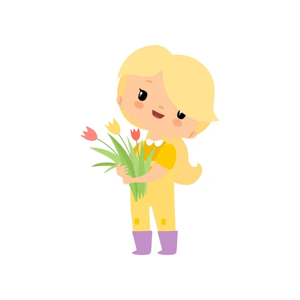 Симпатичная девушка в комбинезоне и резиновых сапогах с букетом тюльпанов, векторная иллюстрация героини мультфильма "Девушка-фермер" — стоковый вектор
