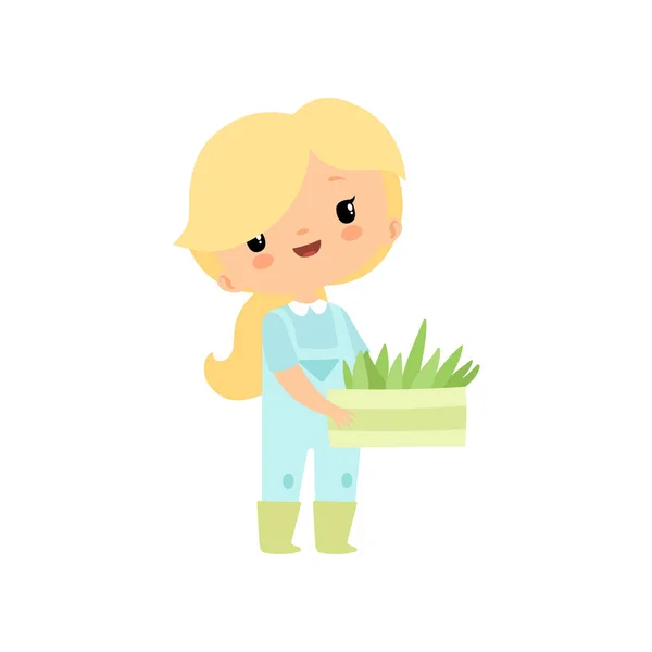 Linda chica joven en overoles y botas de goma con caja de plántulas, personaje de dibujos animados Farmer Girl trabajando en vectores de jardín ilustración — Vector de stock