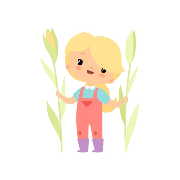 Schattig jong meisje in overalls en rubber laarzen met groeiende maïs, boer meisje cartoon karakter vector illustratie — Stockvector