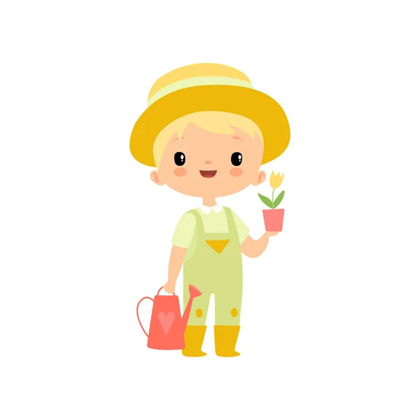 Симпатичный мальчик в комбинезоне, резиновых сапогах и шляпе с лейкой и цветочным горшком, персонаж молодого фермера, занятого в сельскохозяйственной деятельности — стоковый вектор