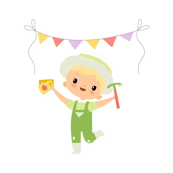 Schattige jongen boer cartoon karakter vieren op oogst festival vector illustratie — Stockvector