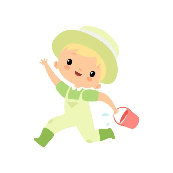 Cute Boy in Overalls, Rubber Boots and Hat Running with Bucket Full of Water, Young Farmer Cartoon Character Engaged in Agricultural Activities Vector Illustration — Stock Vector