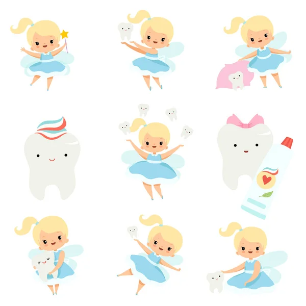 Lindo pequeño diente de hadas y dientes de bebé sano conjunto, encantador personaje de dibujos animados niña rubia de hadas en vestido azul claro con alas Vector Ilustración — Vector de stock