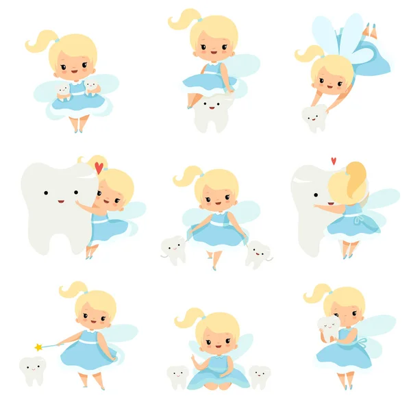 Schattige kleine Tandenfee met baby tanden set, mooie blonde Fairy meisje cartoon karakter in licht blauwe jurk met vleugels vector illustratie — Stockvector