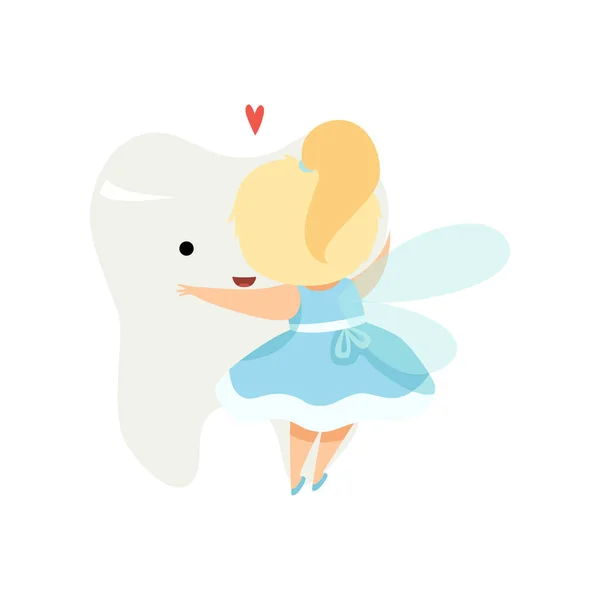 Cute Little Tooth Fairy Hugging Big Tooth, Lovely Blonde Fairy Girl Cartoon Character in Light Blue Dress with Wings Vector Illustration — Stock Vector