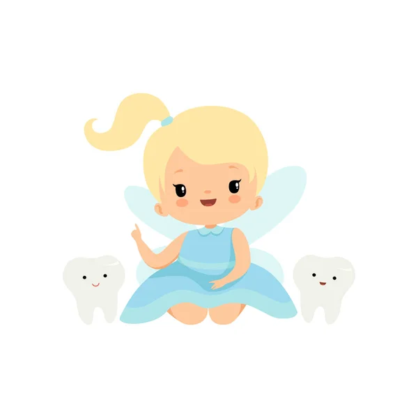 Cute Little Tooth Fairy with Baby Teeth, Lovely Blonde Fairy Girl Cartoon Character in Light Blue Dress with Wings Pointing Finger Up Vector Illustration — Stock Vector