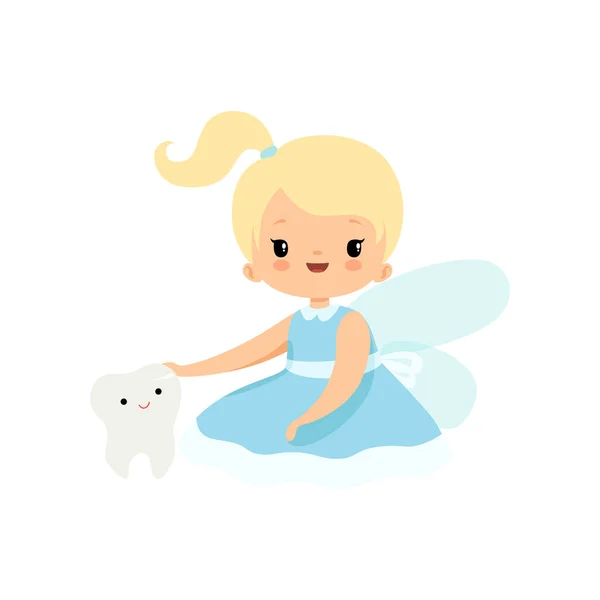 Little Tooth Fairy Sitting with Baby Tooth, Adorable Blonde Fairy Girl Cartoon Character in Light Blue Dress with Wings Vector Illustration — Stock Vector